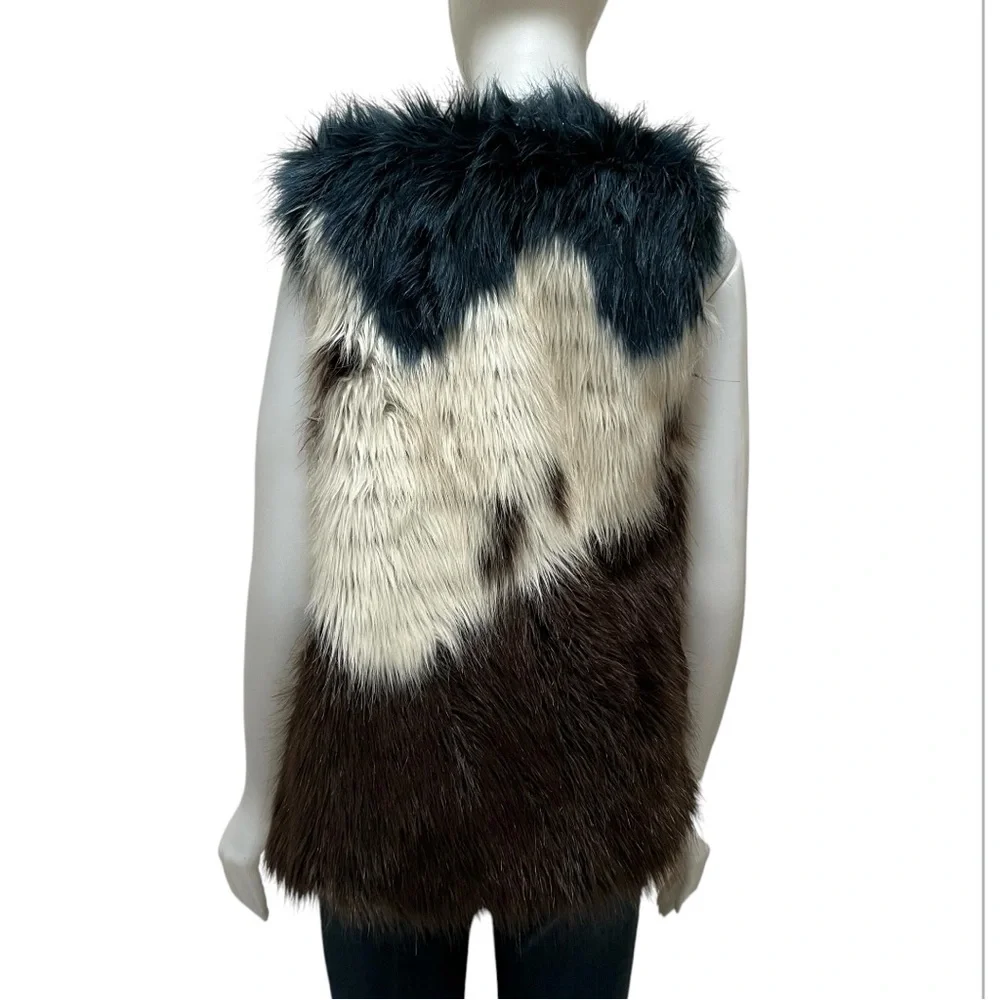 Guess Fur Vest Chain Detail Color Block Shaggy Chic Indie Sneeze‎ Boho Sz XSmall